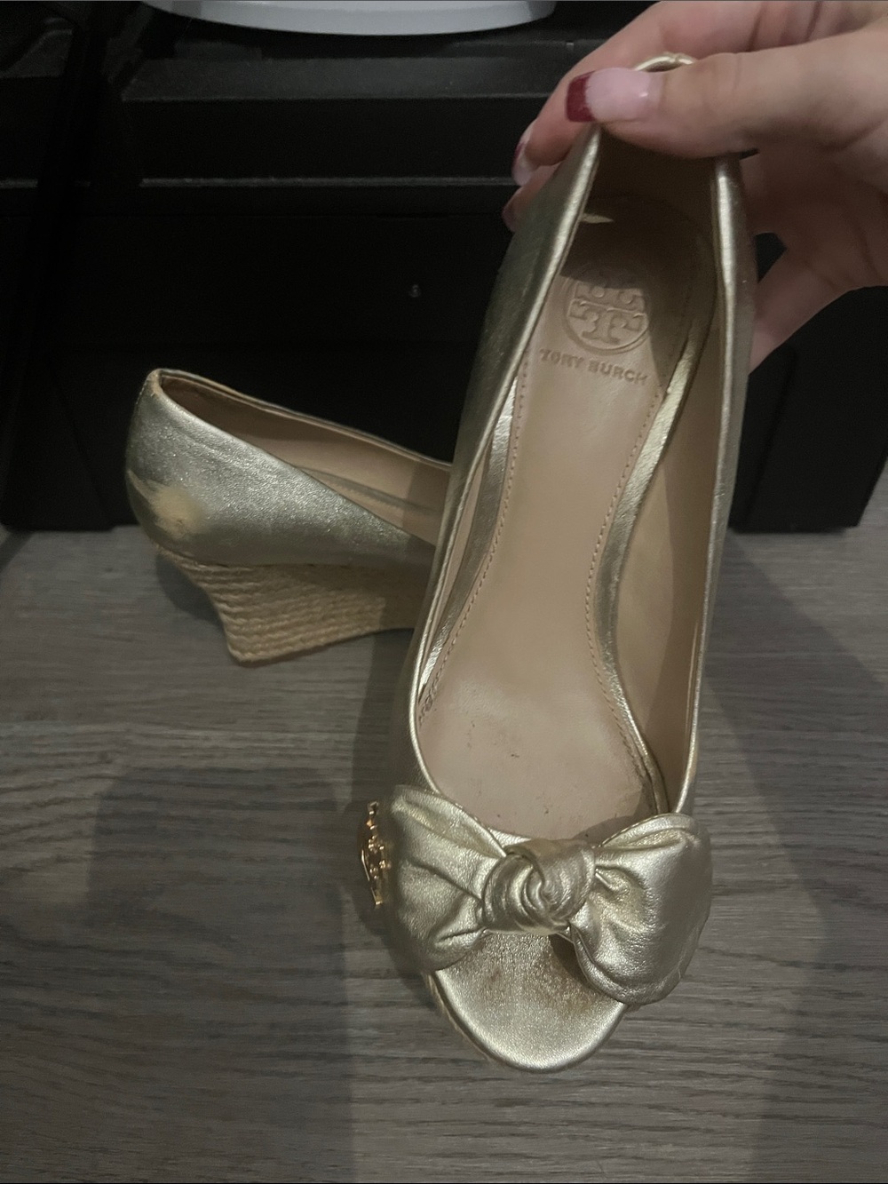 Tory Burch Metallic Gold Knot Peep-Toe Wedge Espadrille - Picture 12 of 13
